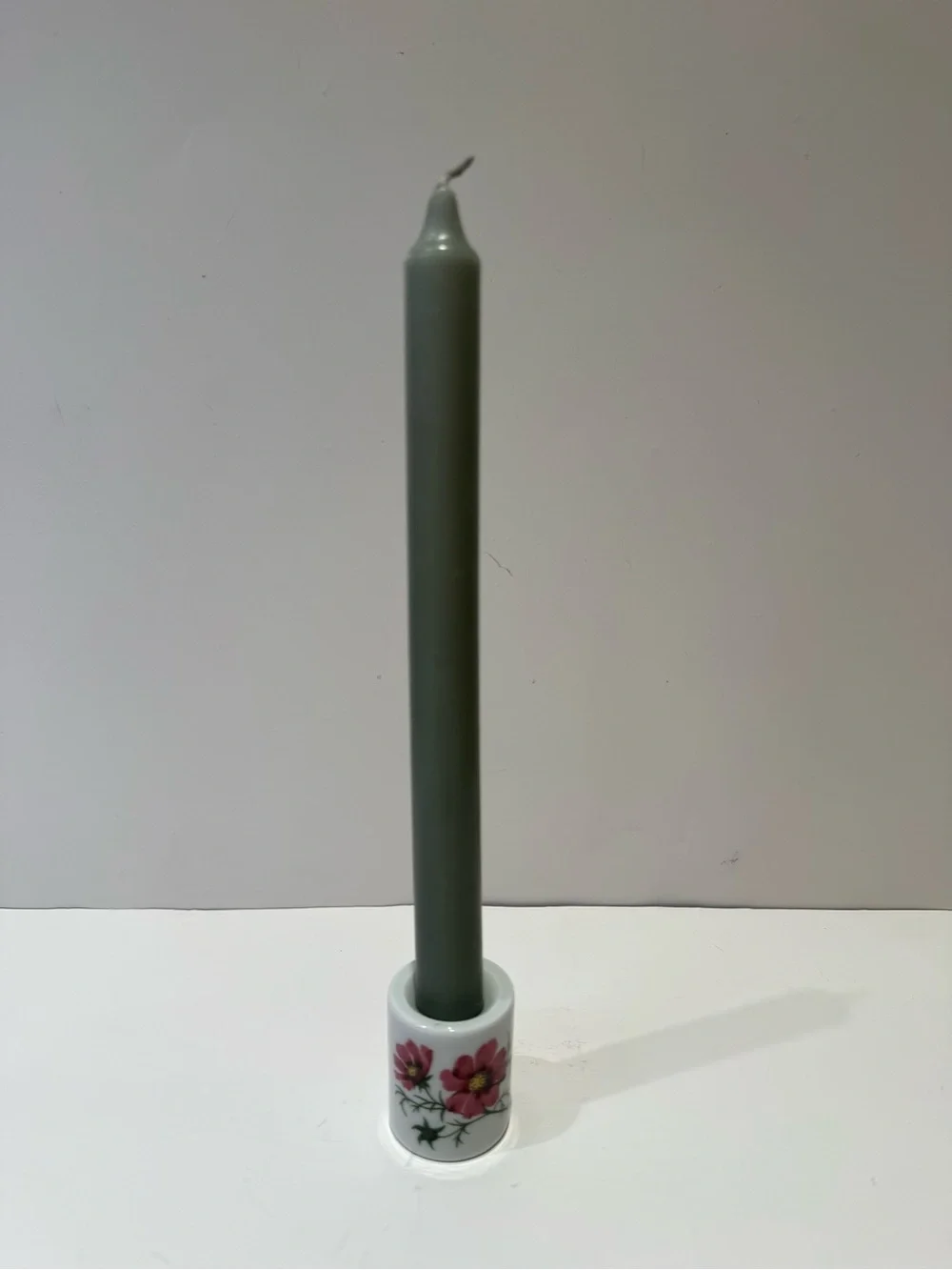 Vintage Porcelain Taper Candle Holder with Pink Floral Motif